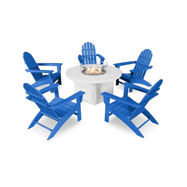 POLYWOOD Vineyard 6-Piece Adirondack Chat Set w/ Fire Pit Table - Pacific Blue / White